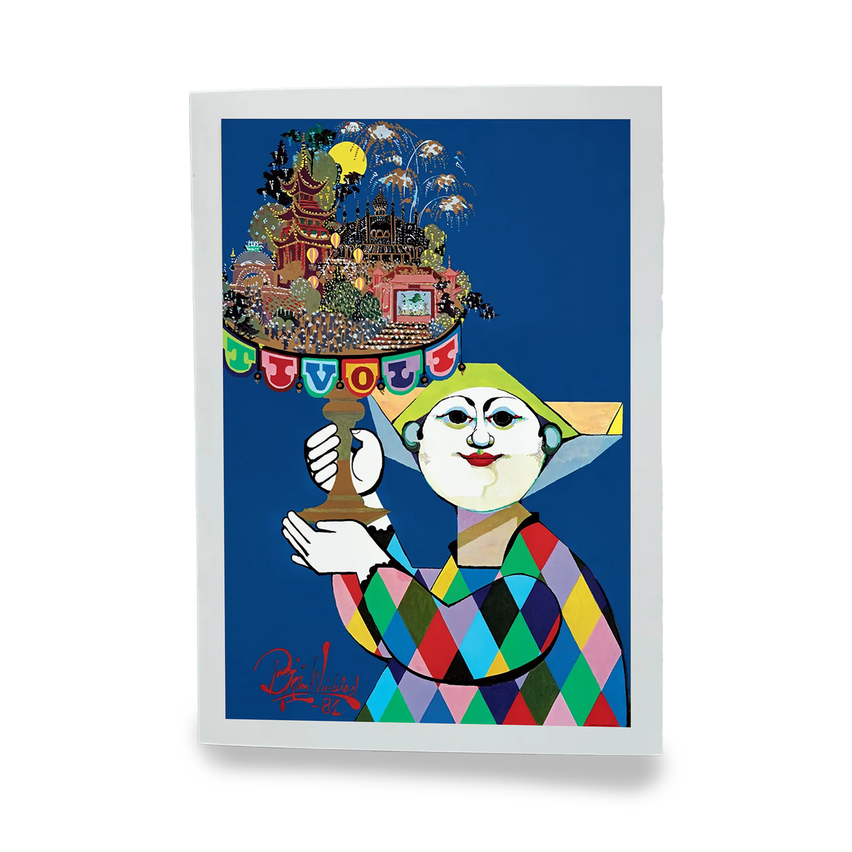 Tivoli-plakat med Bjørn Wiinblad-motiv fra 1981. Farverig illustration i Wiinblads karakteristiske stil med harlekinfigur i flerfarvet kostume, der bærer et fantasifuldt Tivoli-landskab med fyrværkeri, pavilloner og forlystelser på en dybblå baggrund.