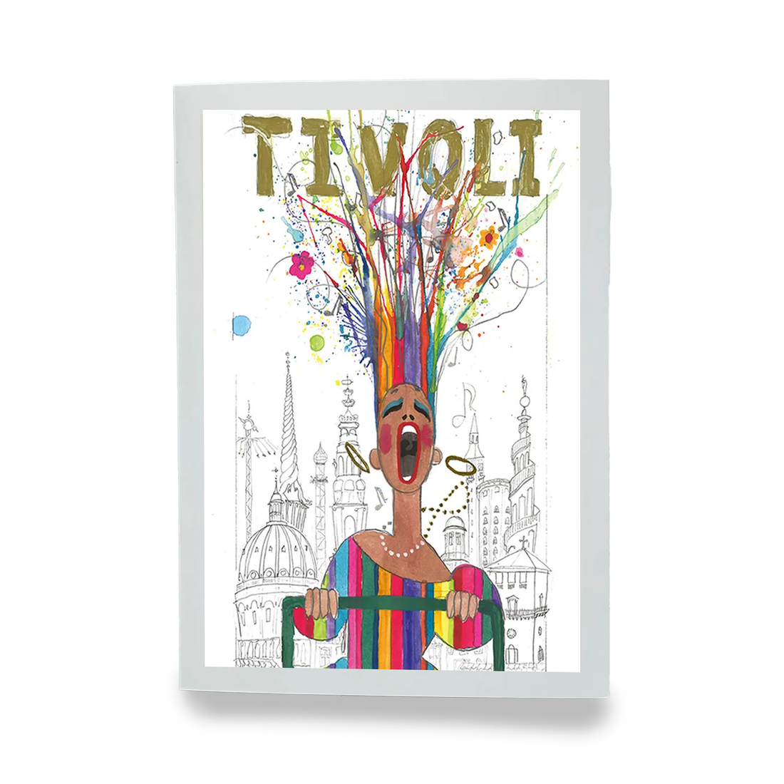 Farverig Tivoli-plakat med kunstnerisk illustration af en person i en forlystelse. Motivet kombinerer regnbuefarver, sprudlende penselstrøg og Københavns ikoniske tårne og spir i baggrunden, inspireret af Tivolis livlige stemning.