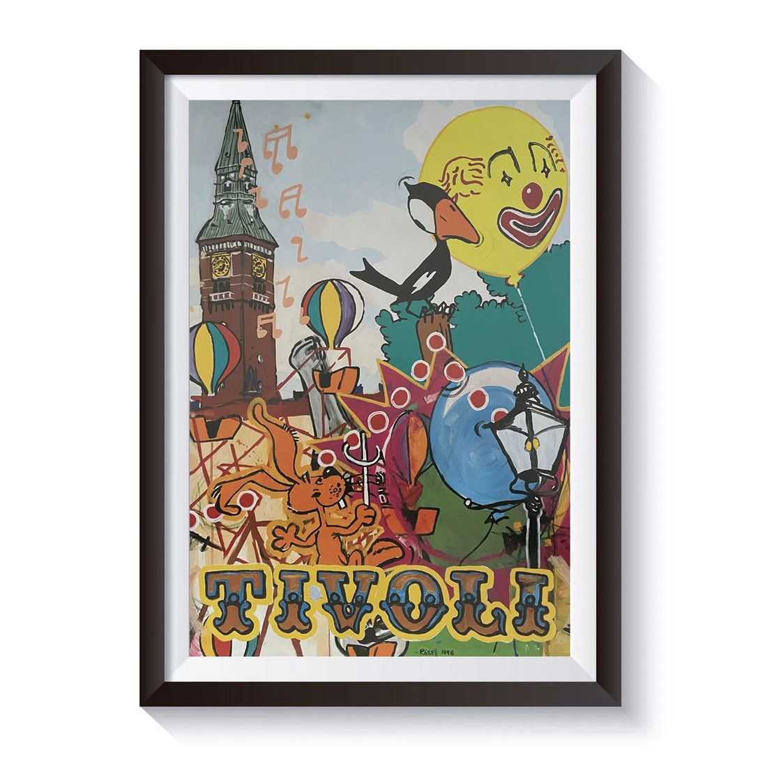 Farverig Tivoli-plakat fra 1986 med kunstnerisk illustration af Tivolis ikoniske elementer, herunder balloner, påfugl, klovn, forlystelser, Koncertsalen og Tivoli-logo. Motivet er udført i en livlig og legende stil med stærke farver og mange detaljer.