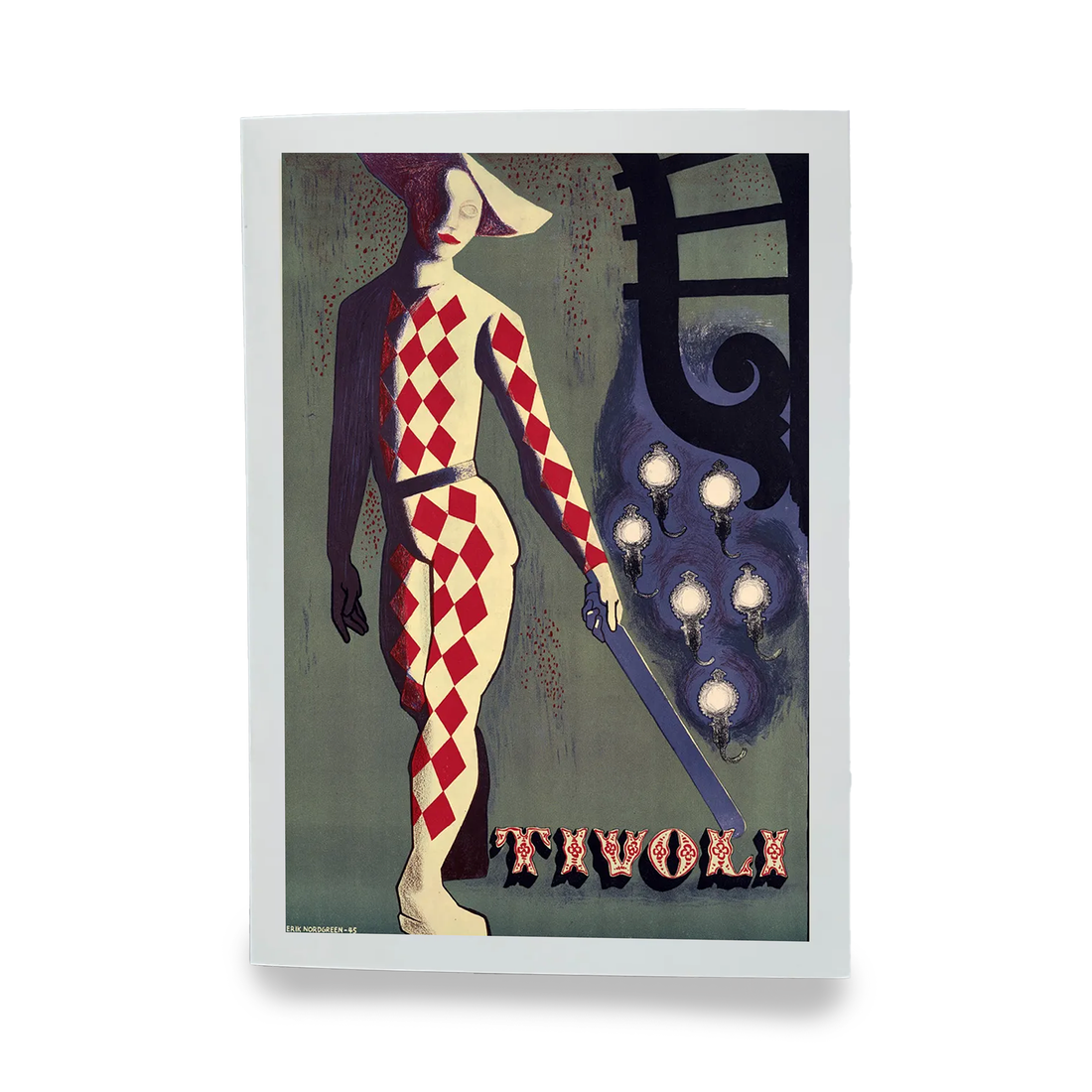 Vintage Tivoli-plakat med klassisk harlekinfigur i rød- og hvidternet kostume. Motivet viser figuren foran dekorative lamper og ornamenter i mørkeblå nuancer, udført i en kunstnerisk og historisk Tivoli-stil.