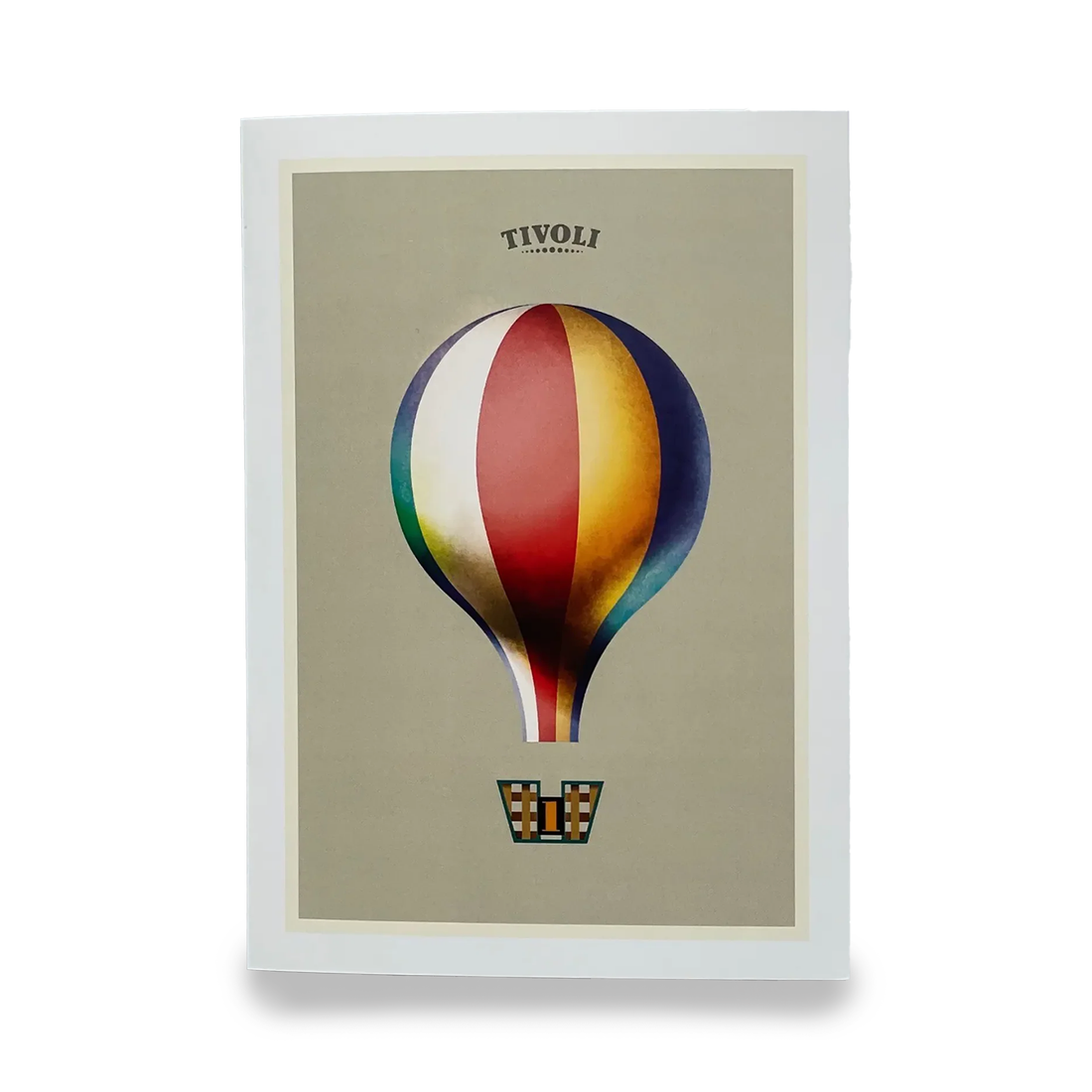 Tivoli-plakat med minimalistisk varmluftballon i røde, gyldne, blå og grønne nuancer. Det stilrene motiv viser en farverig luftballon på lys baggrund med Tivoli-logo øverst og et enkelt grafisk udtryk inspireret af klassiske rejse- og forlystelsesplakater.