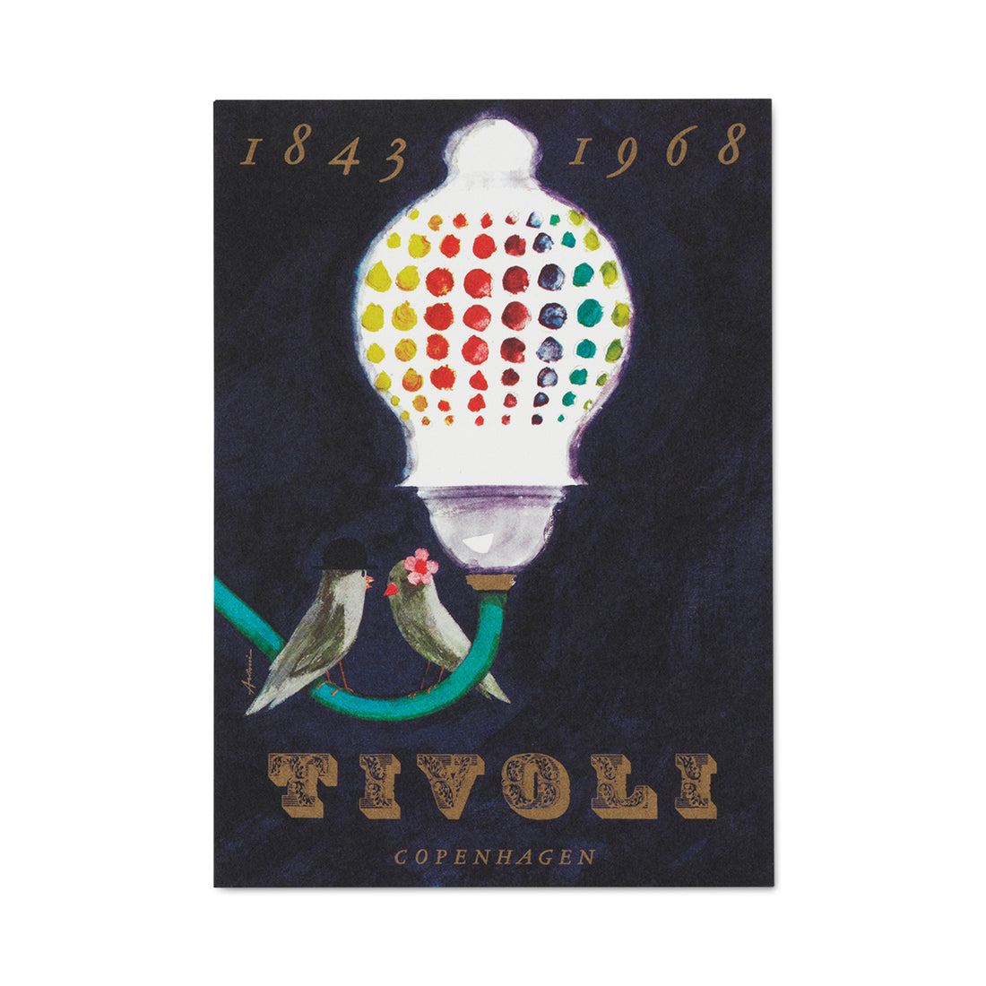 Tivoli postkort med jubilæumsmotiv af Ib Antoni, featuring den klassiske Tivolilampe og fuglepar i et nostalgisk dansk design.