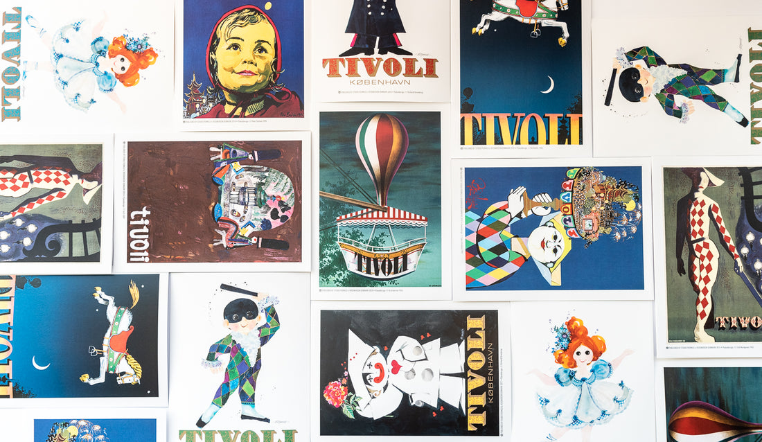 Tivoli postkort med jubilæumsmotiv af Ib Antoni, featuring den klassiske Tivolilampe og fuglepar i et nostalgisk dansk design.