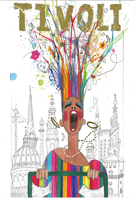 Foldekort med Tivolis populære Scream-motiv, farverig kunstillustration inspireret af sus, spænding og forlystelser i Tivoli København, ideelt som hilsenkort eller gavekort