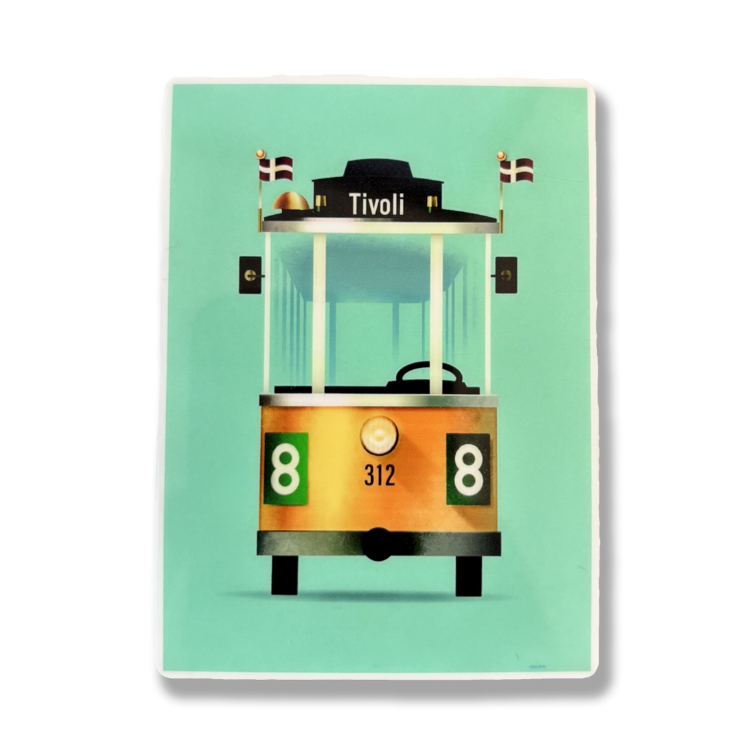 Tivoli magnet med stiliseret illustration af en klassisk sporvogn på linje 8. Motivet viser sporvogn nummer 312 med Tivoli-skilt, danske flag og detaljer i grønne, gyldne og sorte nuancer på en turkis baggrund.