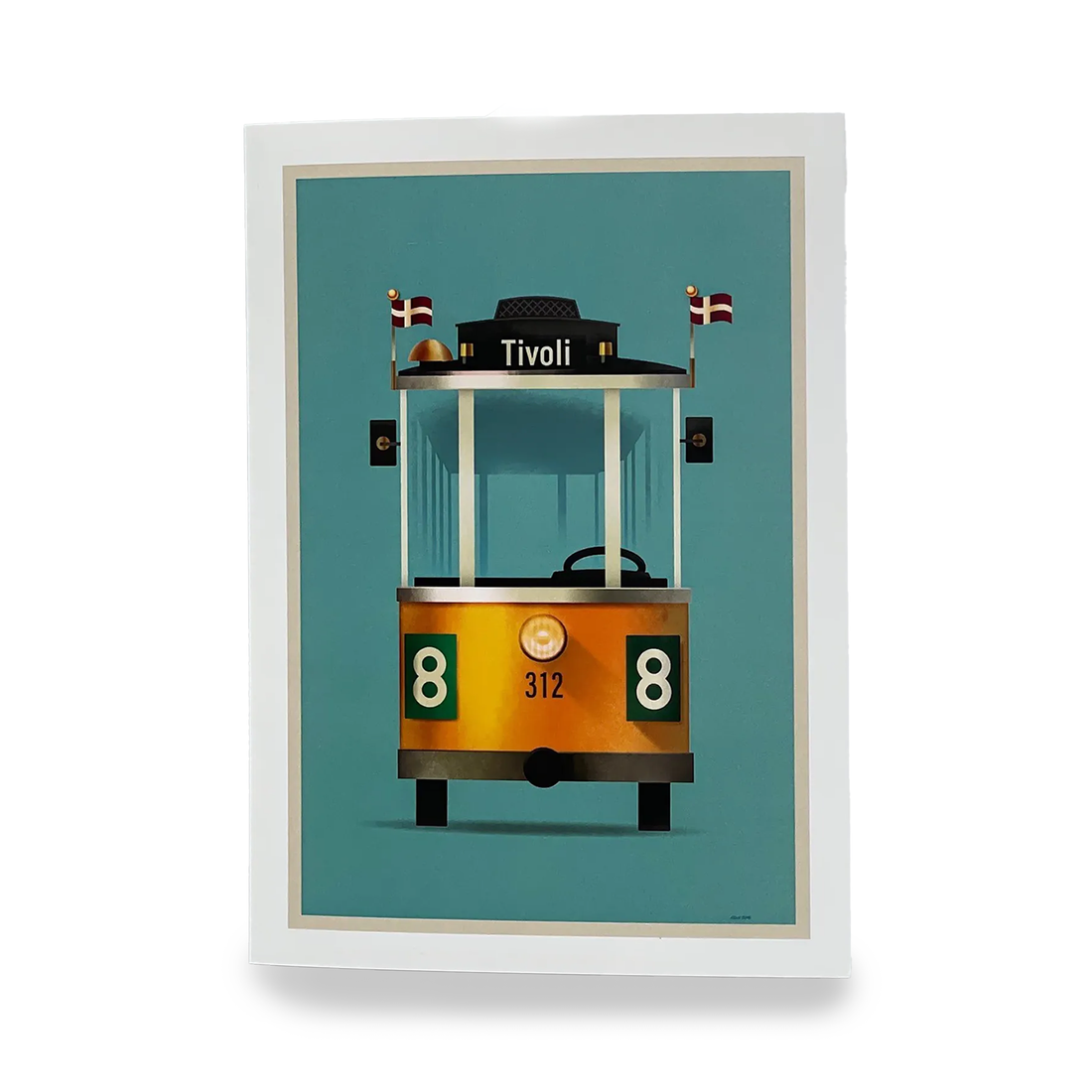 Minimalistisk Tivoli-plakat med den ikoniske sporvogn 312 på linje 8. Motivet viser en gul sporvogn med Tivoli-skilt og danske flag på en turkis baggrund i et stilrent retrodesign.
