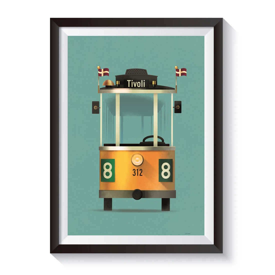 Retro Tivoli-plakat med en klassisk gul sporvogn foran en turkis baggrund. Sporvognen er dekoreret med Tivoli-logo, danske flag og vognnummer 312 samt linjenummer 8 i et minimalistisk og stilrent design.