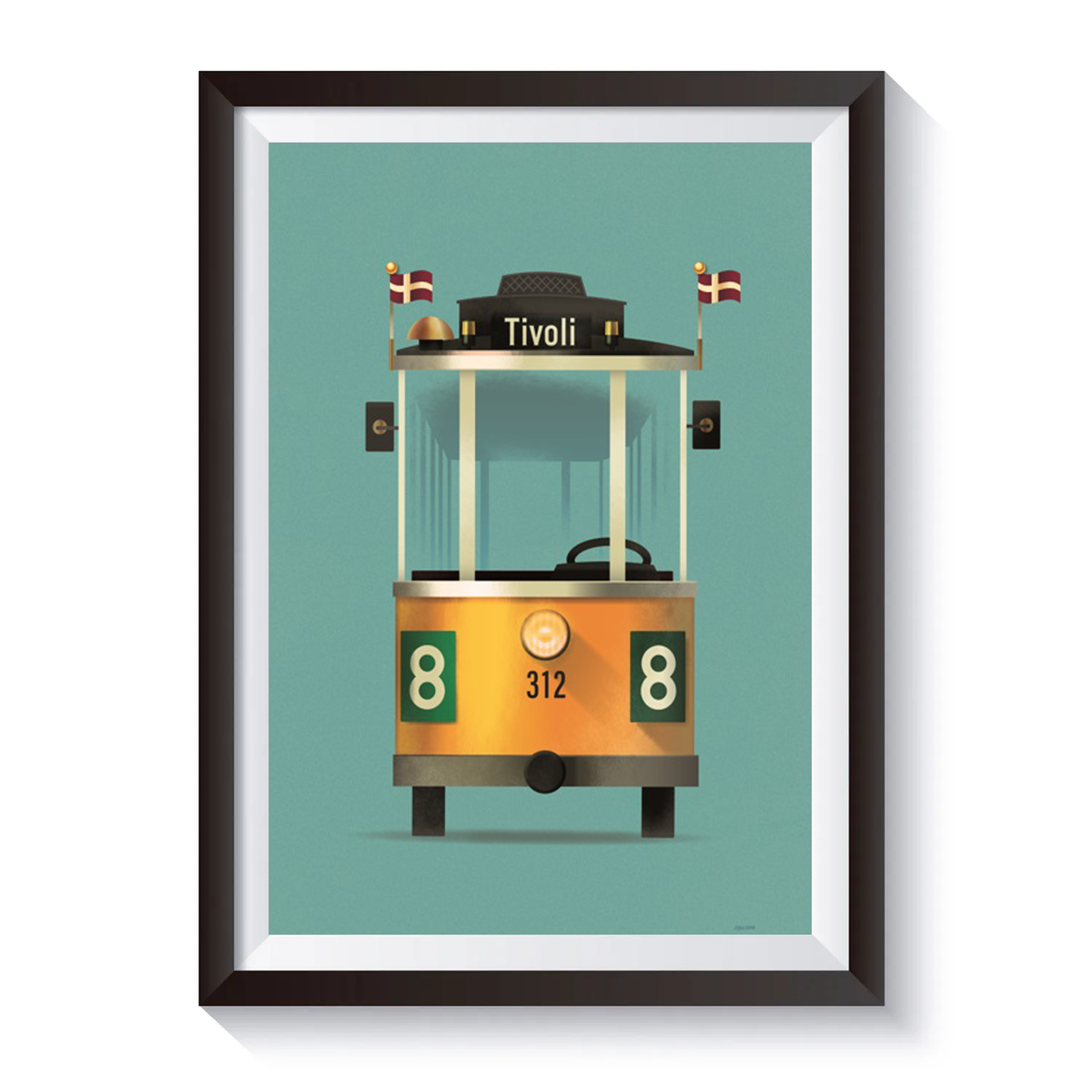 Retro Tivoli-plakat med en klassisk gul sporvogn foran en turkis baggrund. Sporvognen er dekoreret med Tivoli-logo, danske flag og vognnummer 312 samt linjenummer 8 i et minimalistisk og stilrent design.