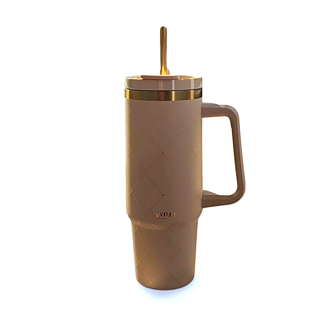 Beige Tivoli termokop på 885 ml med guldfarvede detaljer, integreret håndtag og låg med sugerør. Termokoppen er dekoreret med et elegant harlekinmønster og guldfarvet Tivoli-logo.