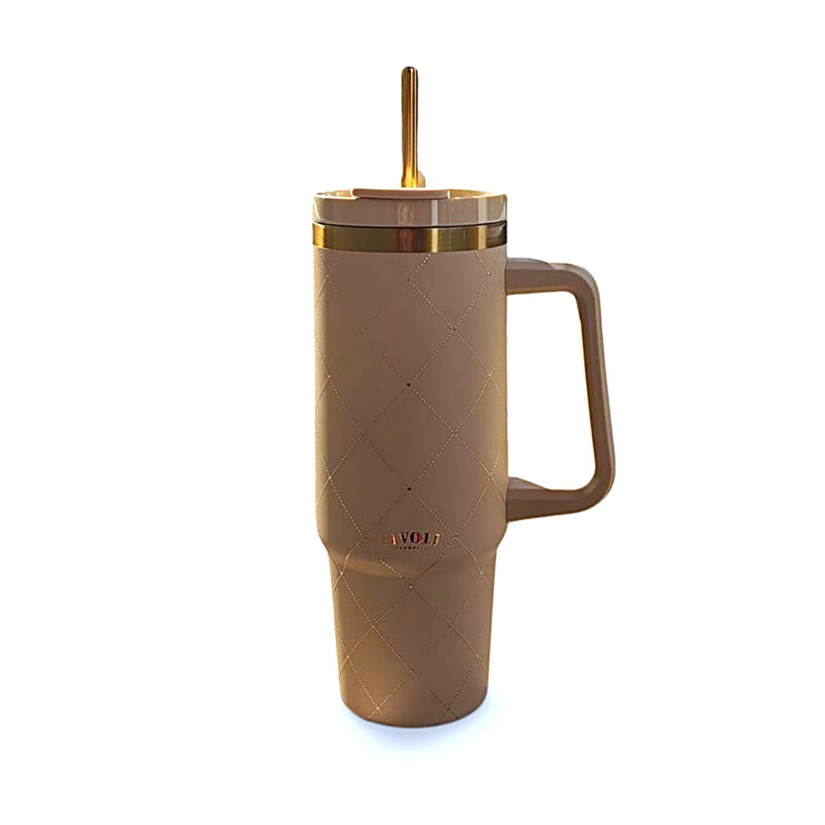Beige Tivoli termokop på 885 ml med guldfarvede detaljer, integreret håndtag og låg med sugerør. Termokoppen er dekoreret med et elegant harlekinmønster og guldfarvet Tivoli-logo.