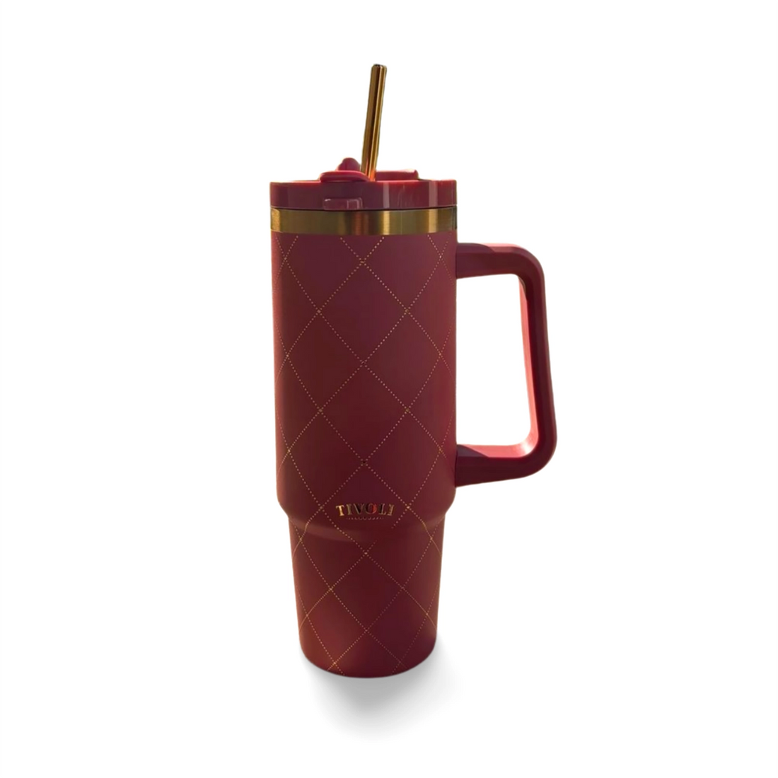 Rød Tivoli termokop på 885 ml med guldfarvede detaljer, integreret håndtag og låg med sugerør. Termokoppen er dekoreret med et elegant harlekinmønster og guldfarvet Tivoli-logo.