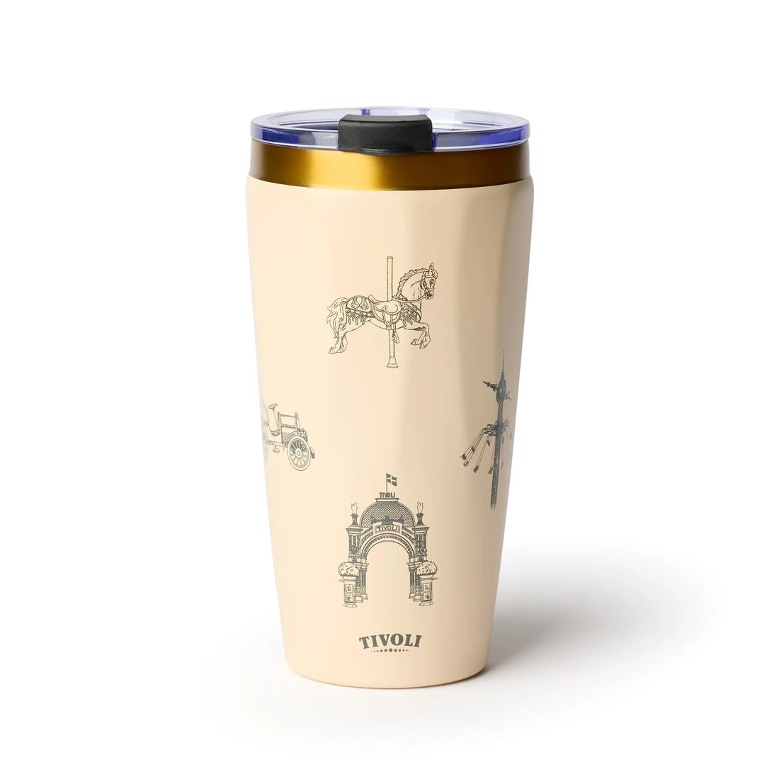 Beige Tivoli To-Go termokrus med guldfarvet kant og fine illustrationer af Tivolis ikoniske bygninger og forlystelser, herunder Hovedindgangen, Karussellen og Ballongyngen.