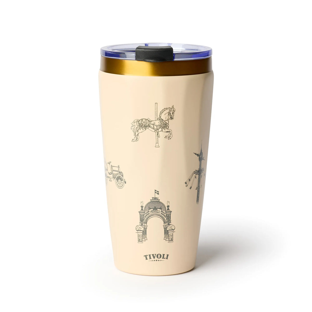 Beige Tivoli To-Go termokrus med guldfarvet kant og fine illustrationer af Tivolis ikoniske bygninger og forlystelser, herunder Hovedindgangen, Karussellen og Ballongyngen.