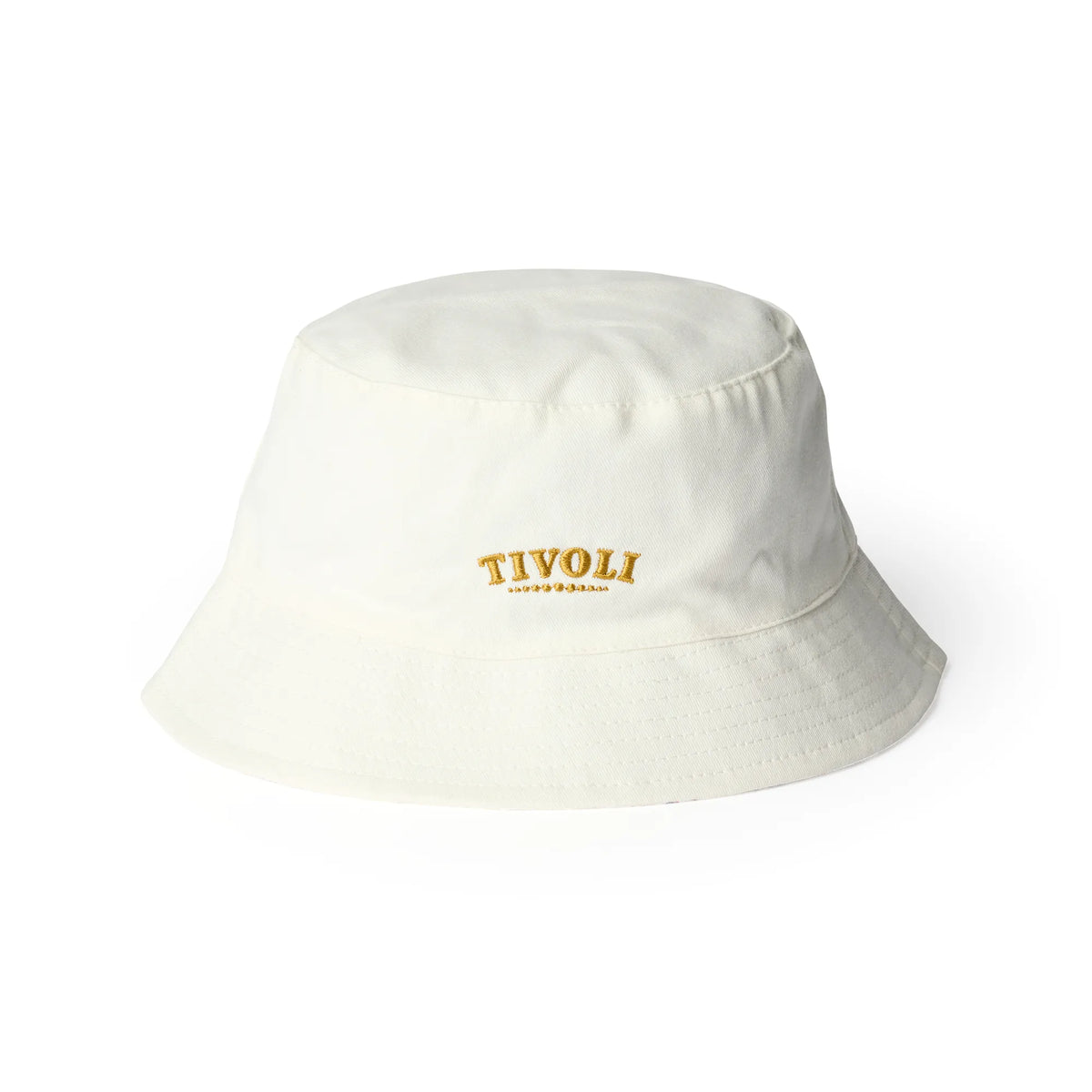 Hvid vendbar Tivoli bøllehat til børn med broderet TIVOLI-logo i guld på fronten. Hatten har et klassisk design med bred skygge og er en del af Tivolis officielle merchandise-kollektion.