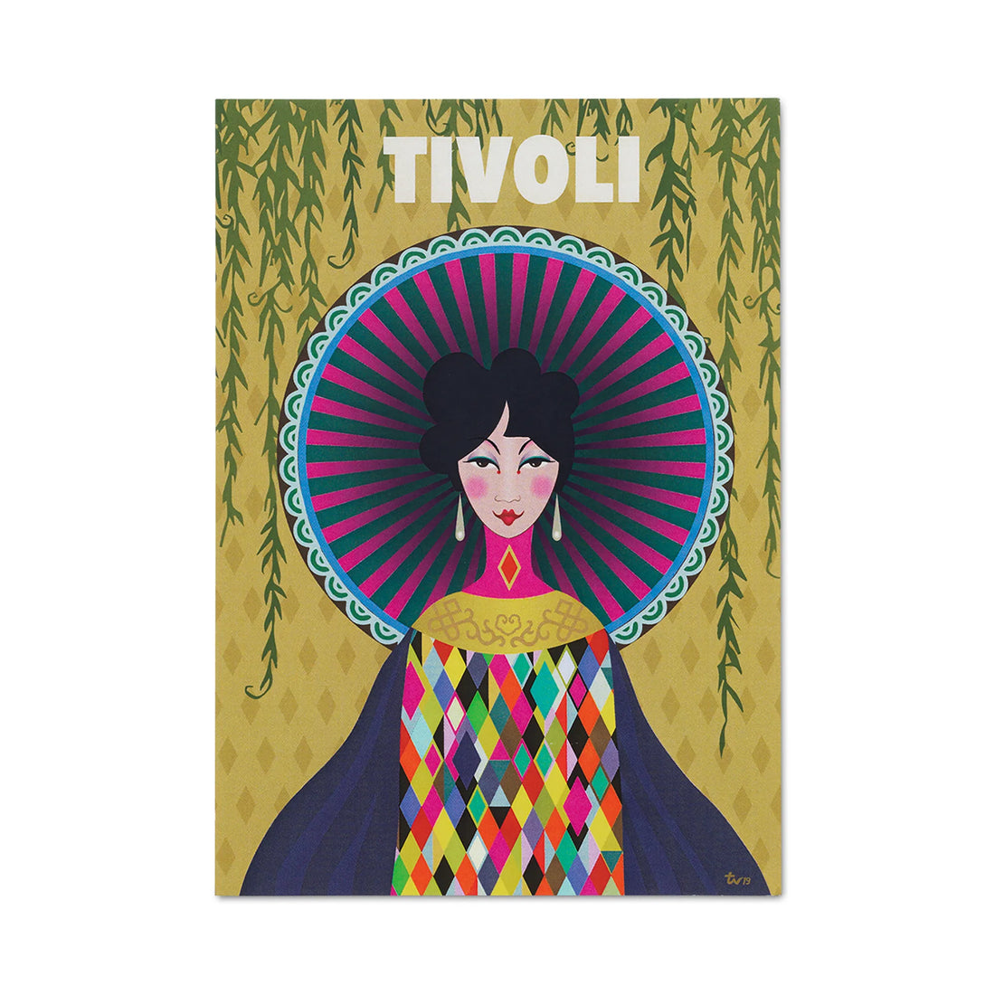 Foldekort med Willow fra Tivoli, den ikoniske figur fra det kinesiske område i Haven, illustreret i farverige detaljer og inspireret af Tivolis eventyrlige atmosfære