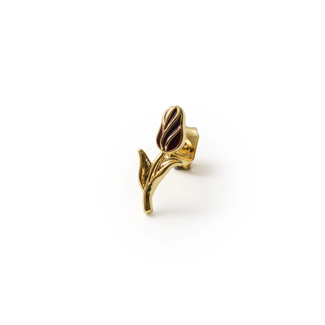 Tulipan ørestik i forgyldt messing med lilla emaljedetaljer og dekorative blade inspireret af tulipanblomster.