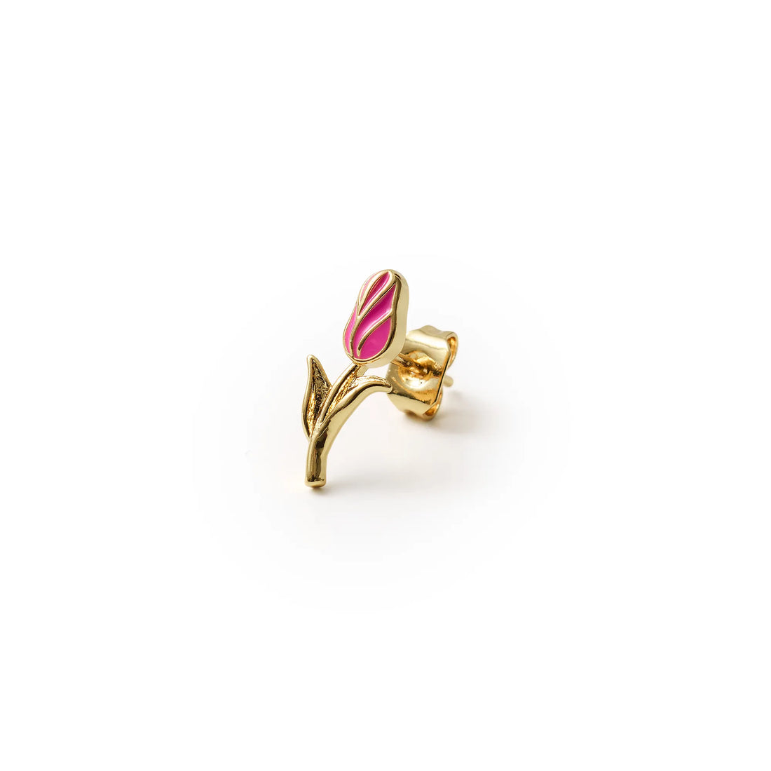 Tulipan ørestik i forgyldt messing med pink emaljedetaljer og dekorative blade inspireret af forårsblomster.